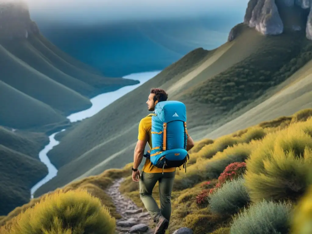 Un excursionista con mochila técnica ultraligera recorre los paisajes de Uruguay