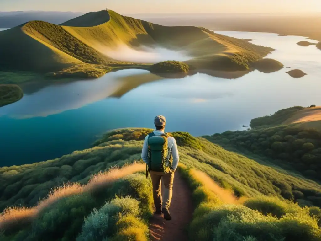 Un excursionista en Uruguay con mochila ultraligera disfruta de la vista al atardecer en un paisaje impresionante