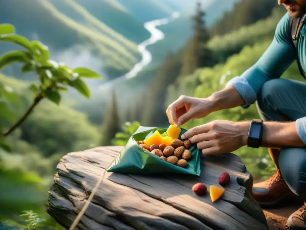 Un excursionista preparando snacks deshidratados para caminatas largas en un bosque verde y frondoso