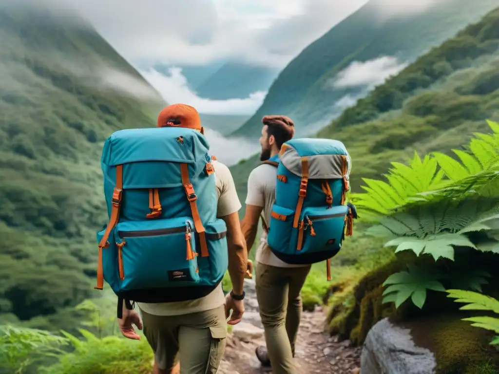 Excursionistas con mochilas técnicas de calidad superior explorando un denso bosque