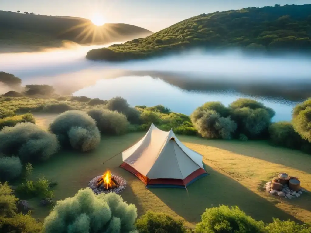 Experiencia camping en Uruguay: campamento sereno entre naturaleza exuberante y río cristalino al atardecer