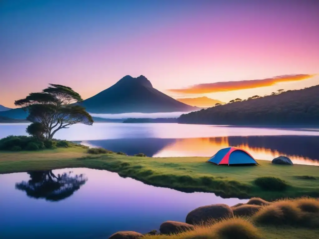 Experiencia camping en Uruguay: Amanecer espectacular en lago tranquilo con tonos vibrantes reflejados en el agua