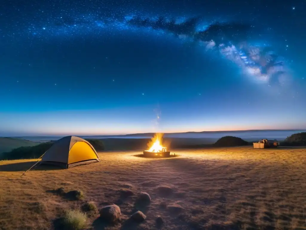 Experiencia de camping en Uruguay: Noche estrellada en un campamento acogedor entre colinas, con fogata y campistas conversando