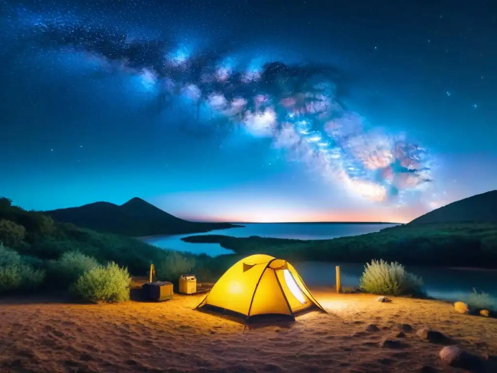 Experiencia de camping en Uruguay: Noche estrellada en un tranquilo campamento con fogata y tienda bajo la Vía Láctea