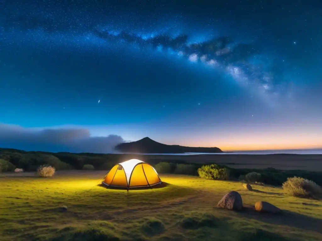 Experiencia de camping en Uruguay: Noche estrellada sobre un tranquilo campamento iluminado por una acogedora tienda