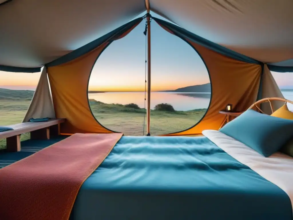 Una experiencia de camping de lujo en Uruguay con tienda elegante, muebles al aire libre y vista al lago al atardecer