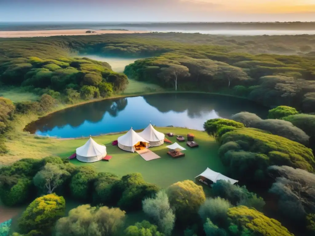 Experiencia de camping de lujo en Uruguay, con tiendas safari elegantes entre vegetación exuberante y un lago