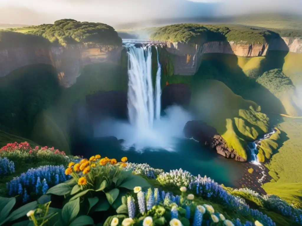 Experiencia camping Salto del Penitente: Cascada al amanecer en Uruguay, con vegetación exuberante y flores silvestres coloridas