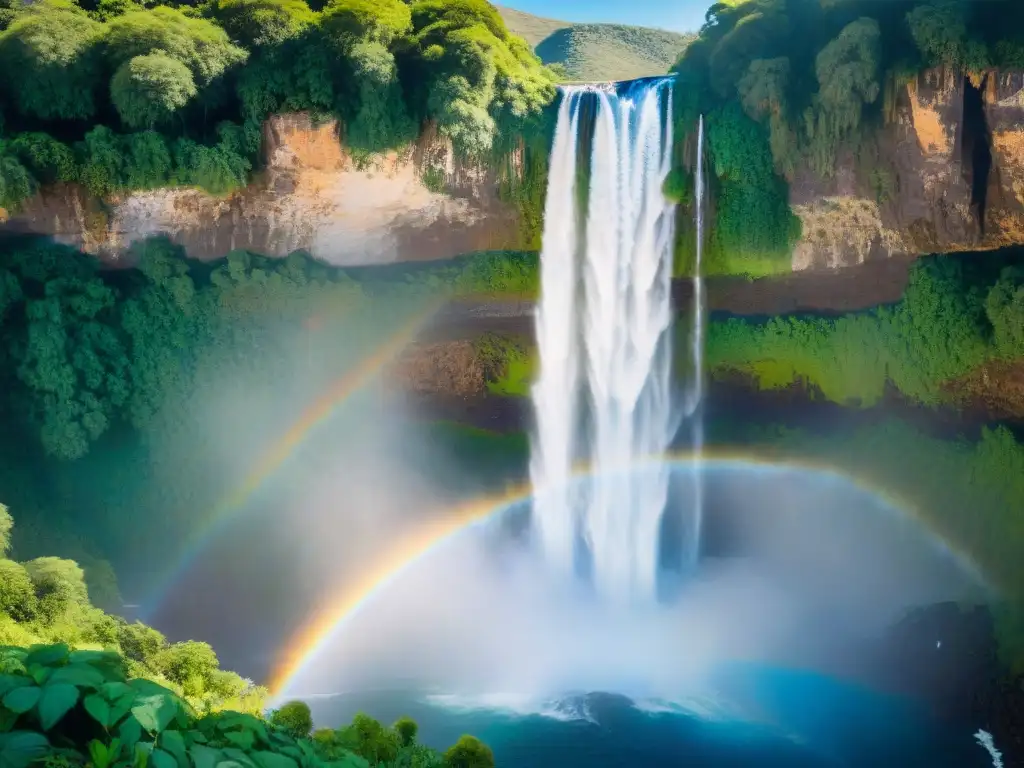 Experiencia camping en Salto del Penitente: majestuosa cascada rodeada de exuberante vegetación, luz y sombra en el agua