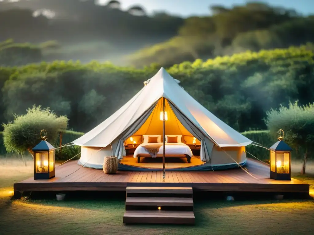 Experiencia de glamping en Uruguay: lujosa carpa entre la naturaleza con atardecer dorado y mobiliario elegante iluminado por luces