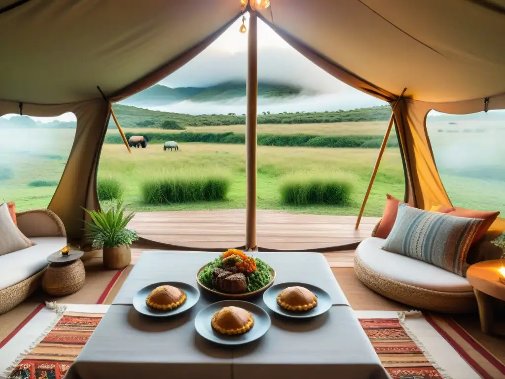 Experiencia de glamping y gastronomía en Uruguay: lujosa carpa en la naturaleza con mesa de comidas tradicionales