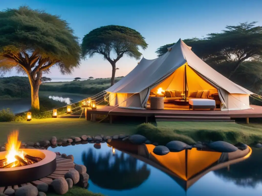 Experiencia de glamping en Uruguay consejos: lujoso safari tent en entorno natural al atardecer