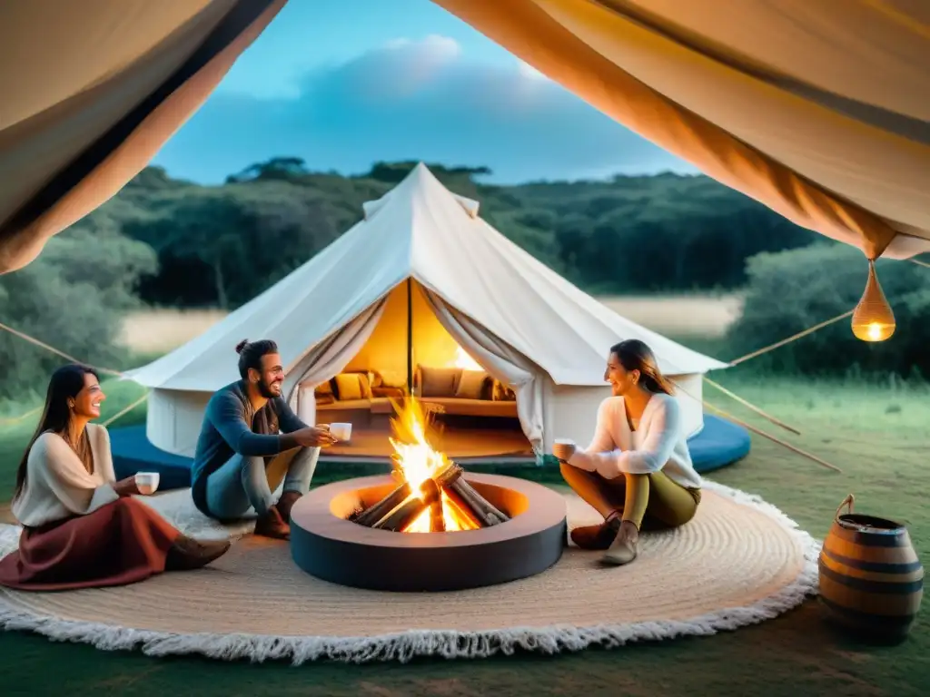 Experiencia de glamping premium en Uruguay: tienda de lujo rodeada de naturaleza exuberante y amigos disfrutando de la fogata