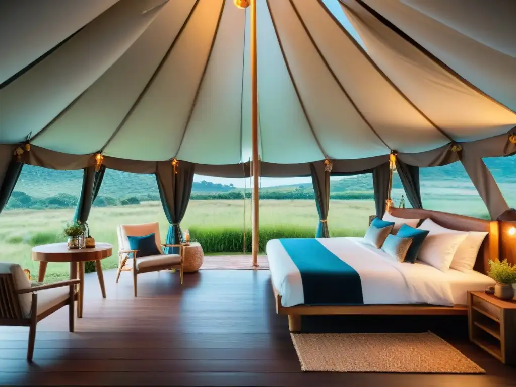 Experiencia de glamping en Uruguay: tienda lujosa entre naturaleza exuberante y cielo azul