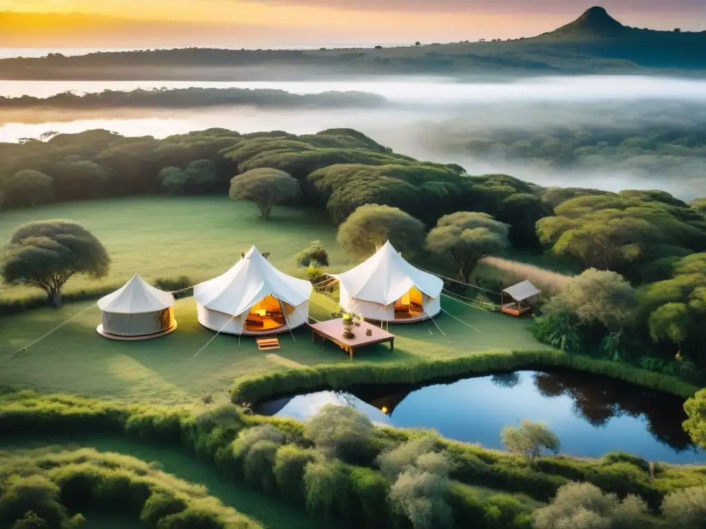 Experiencia de lujo y gastronomía en glamping en Uruguay, con tienda elegante y cena gourmet al atardecer junto al lago