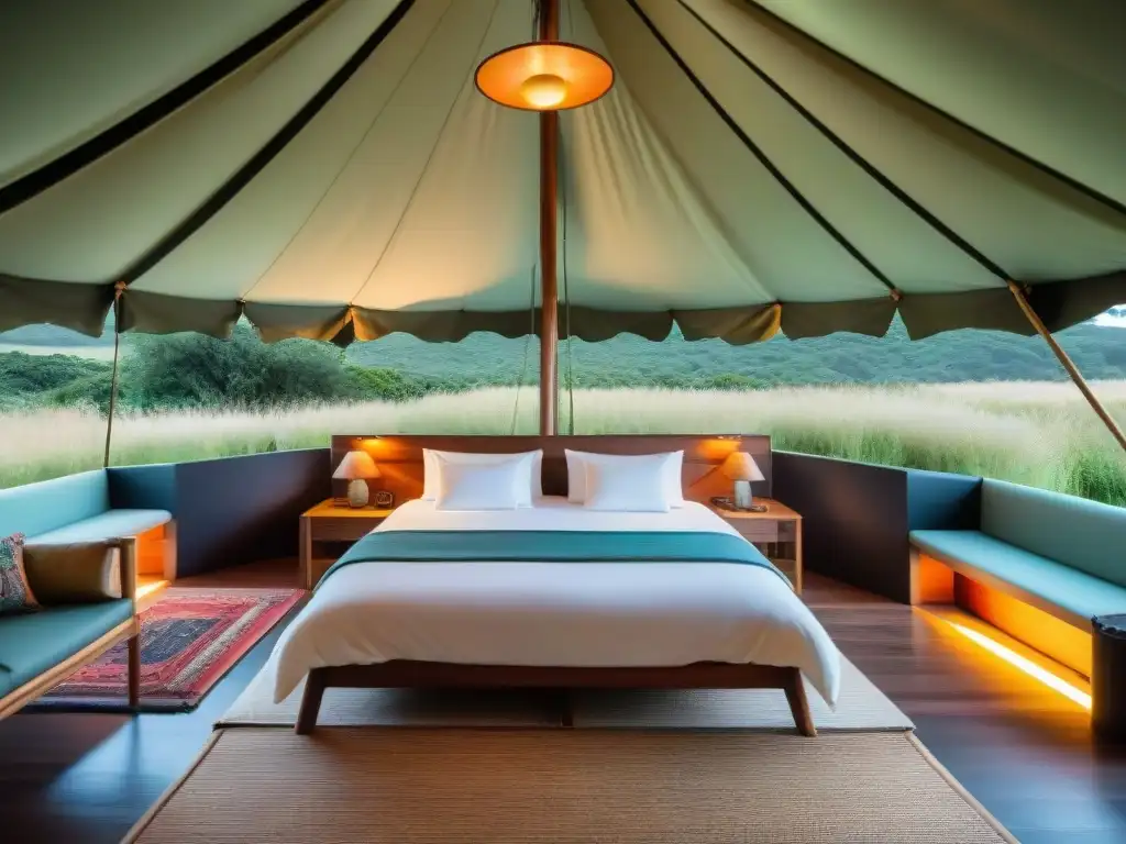 Experiencia de lujo en Glamping Uruguay: tienda espaciosa con cama king, decoración elegante y vistas naturales serenas