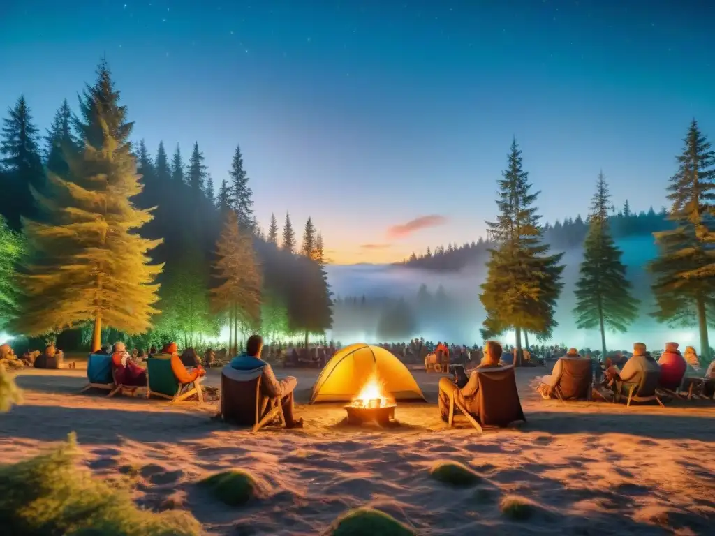 Experiencia mágica en festivales de cine en campings: espectadores disfrutan de película bajo las estrellas en bosque iluminado