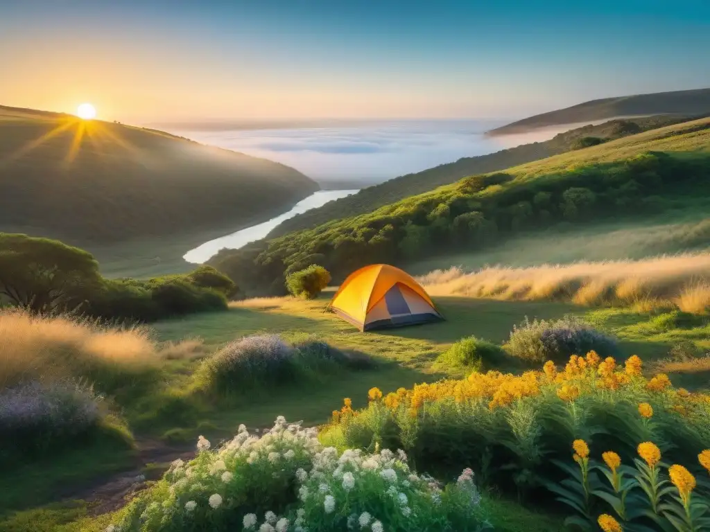 Experiencias de camping en Uruguay: Acogedor campamento en la naturaleza uruguaya al atardecer, con tienda y fogata