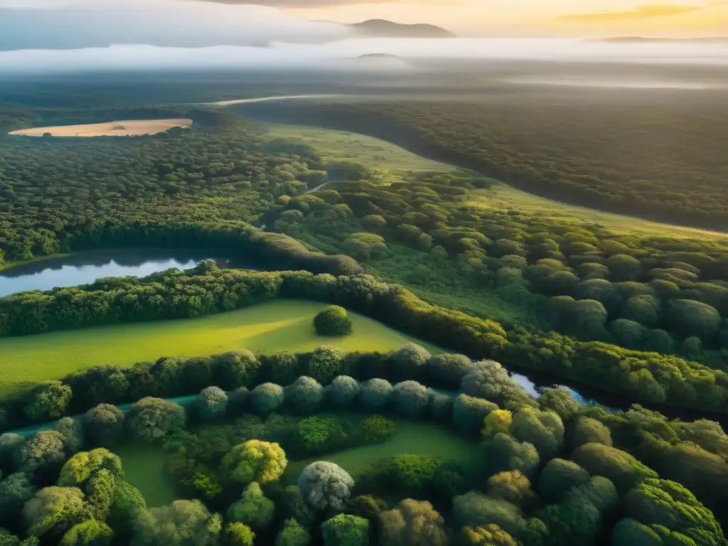 Experiencias de camping en Uruguay: Vista aérea de bosques verdes con un río serpenteante y un campamento bajo los árboles al atardecer