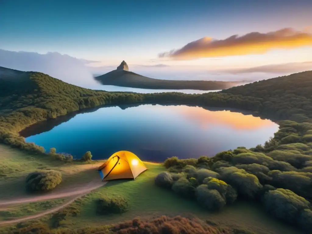 Experiencias camping en Uruguay: atardecer dorado en lago sereno con montañas al fondo y bosques verdes