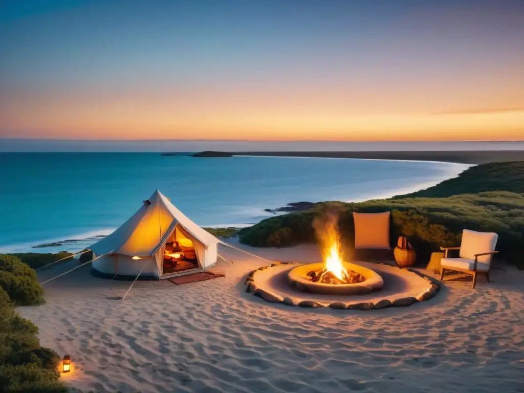 Experiencias exclusivas camping Uruguay: Lujo en tienda glamping frente a playa al atardecer