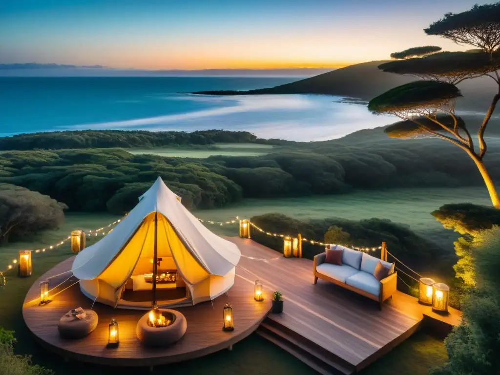 Experiencias glamping en Uruguay: Un lujoso glamping frente al mar con luces de hadas y huéspedes relajados disfrutando del atardecer