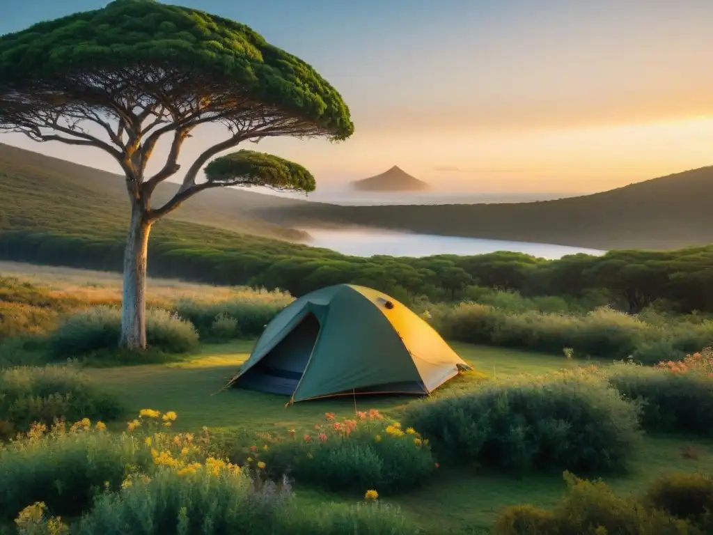 Un experimentado campista montando con cuidado una tienda resistente en la exuberante naturaleza de Uruguay al atardecer