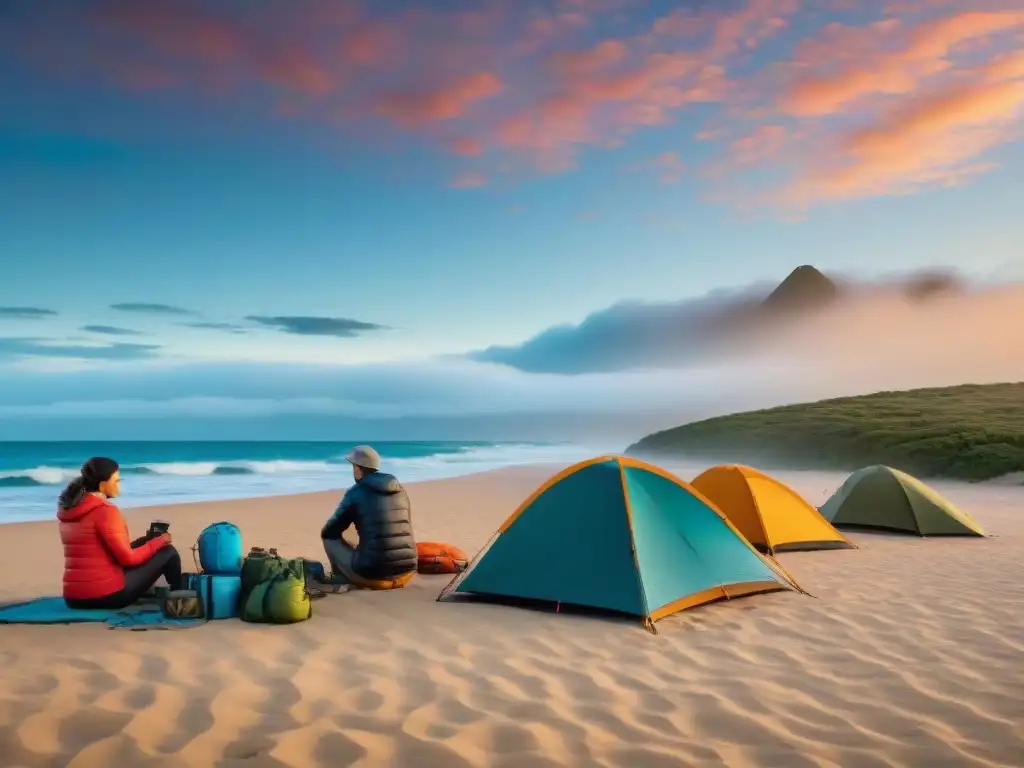 Experimentados campistas armando campamento en la playa uruguaya al amanecer, destacando el equipo de camping para playas Uruguay