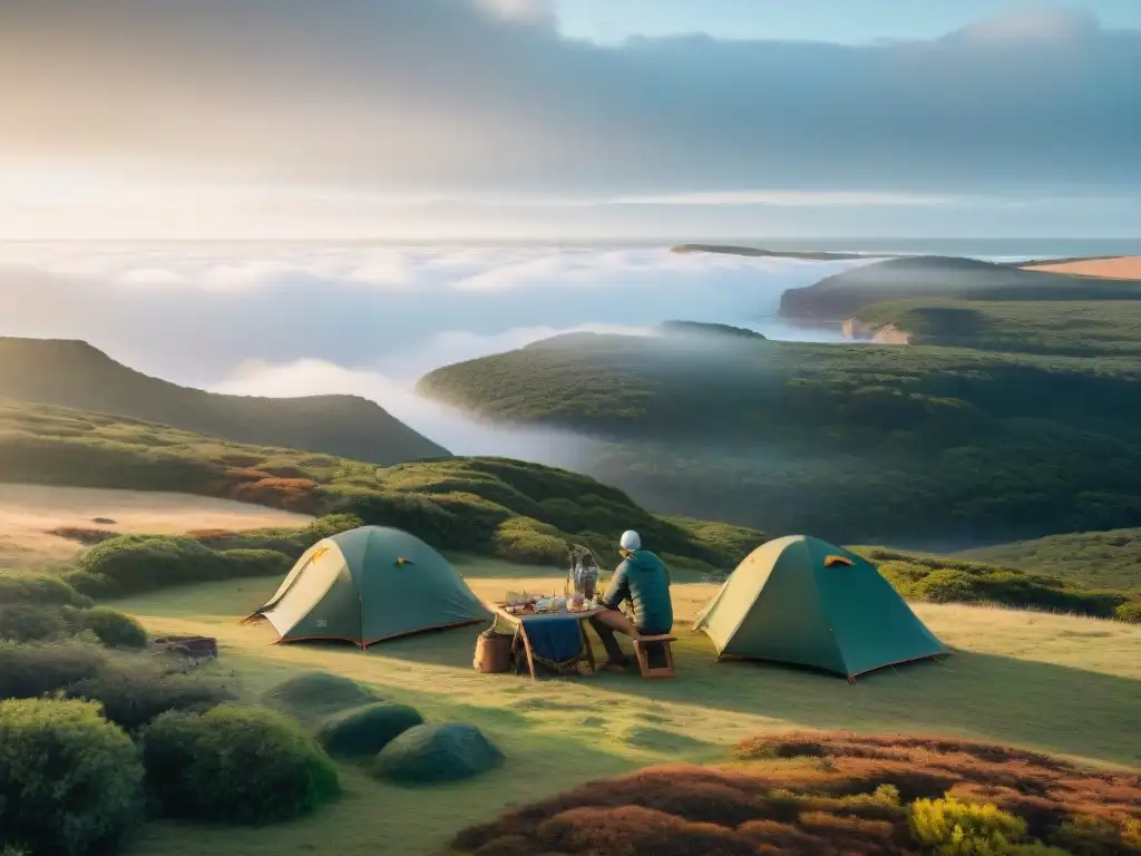 Experimentados campistas armando un campamento técnico en la hermosa naturaleza de Uruguay con mochilas técnicas camping Uruguay