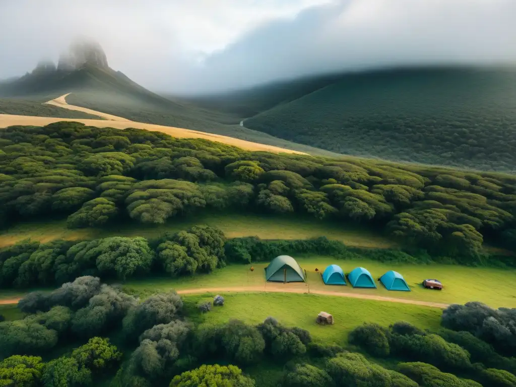 Experimentados campistas montando campamento en terreno difícil en Uruguay, mostrando habilidades