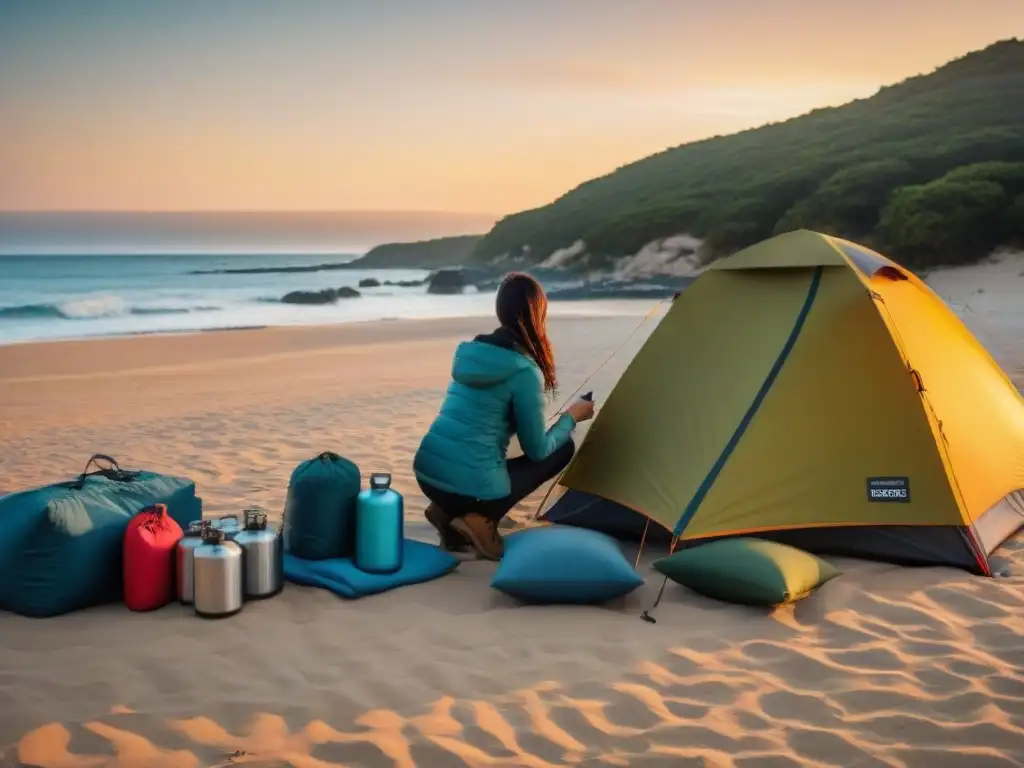 Experimentados campistas montando una carpa al atardecer en una playa de Uruguay