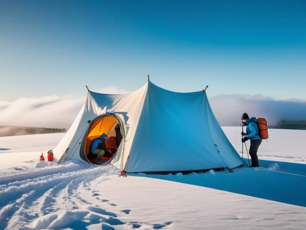 Experimentados campistas de invierno en Uruguay construyendo refugio de nieve