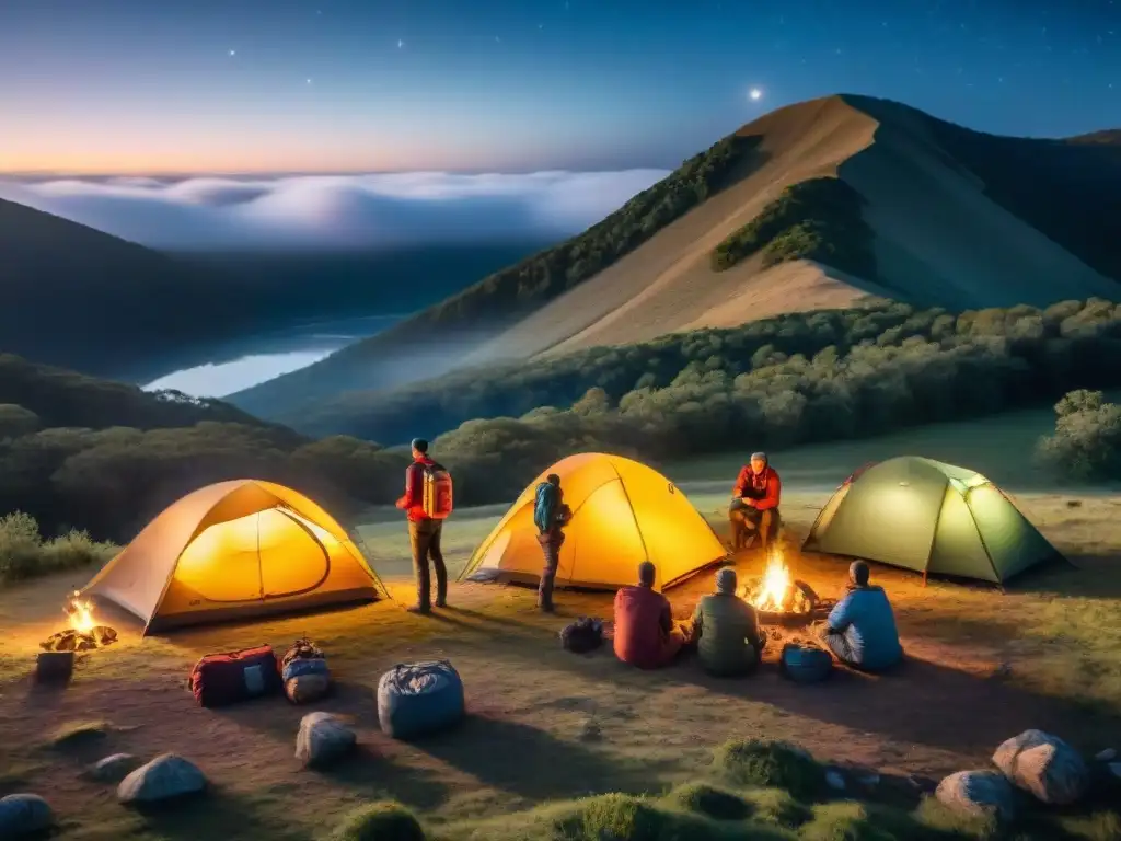 Experimentados campistas montan tiendas bajo un cielo estrellado en la vasta naturaleza de Uruguay