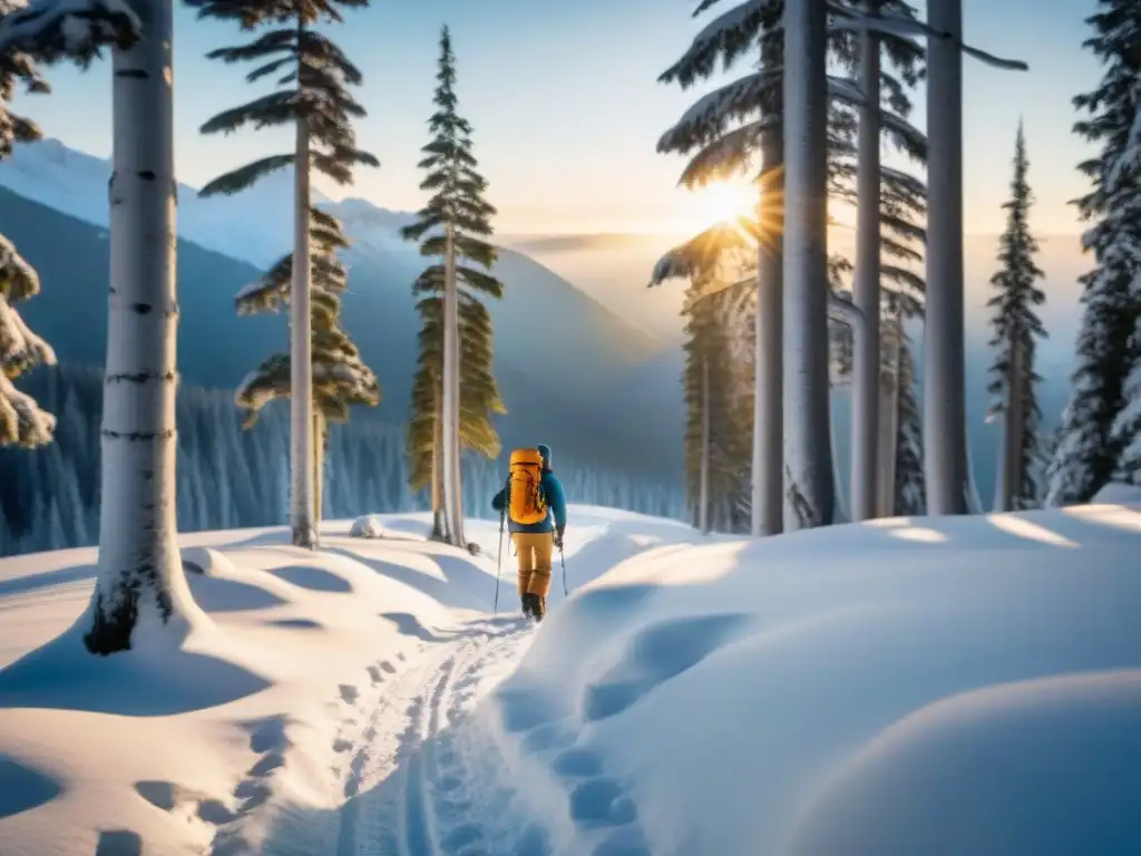 Experimentados campistas con vestimenta adecuada para campismo invierno exploran un bosque nevado al atardecer