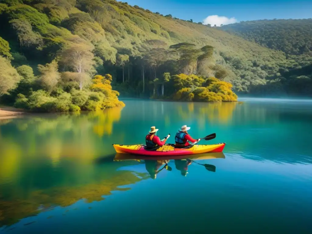 Experimentados kayakers en kayaks coloridos surcando un lago rodeado de bosques en Uruguay