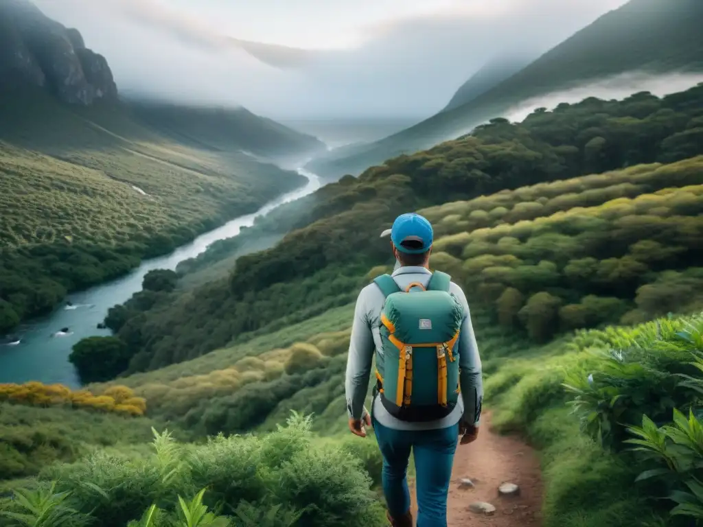 Experimentados hikers con mochilas técnicas para camping en Uruguay, explorando paisajes impresionantes