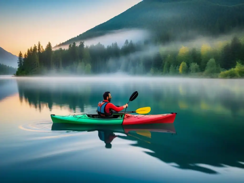 Experimentados kayaker remando en un lago al atardecer en campamento