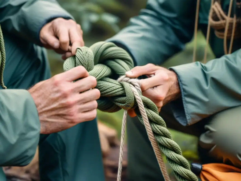 Expertas manos crean nudos y amarres para camping con destreza en entorno natural