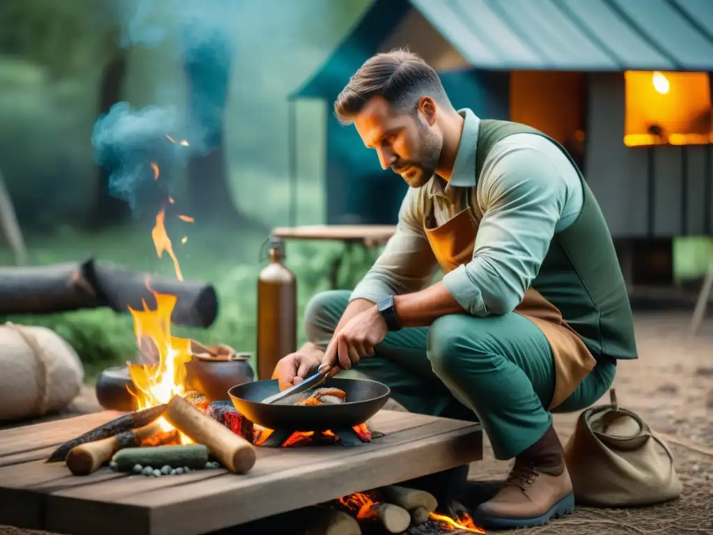 Un experto en camping filetea un pescado con una piedra afilada junto a un campamento rústico y fogata brillante