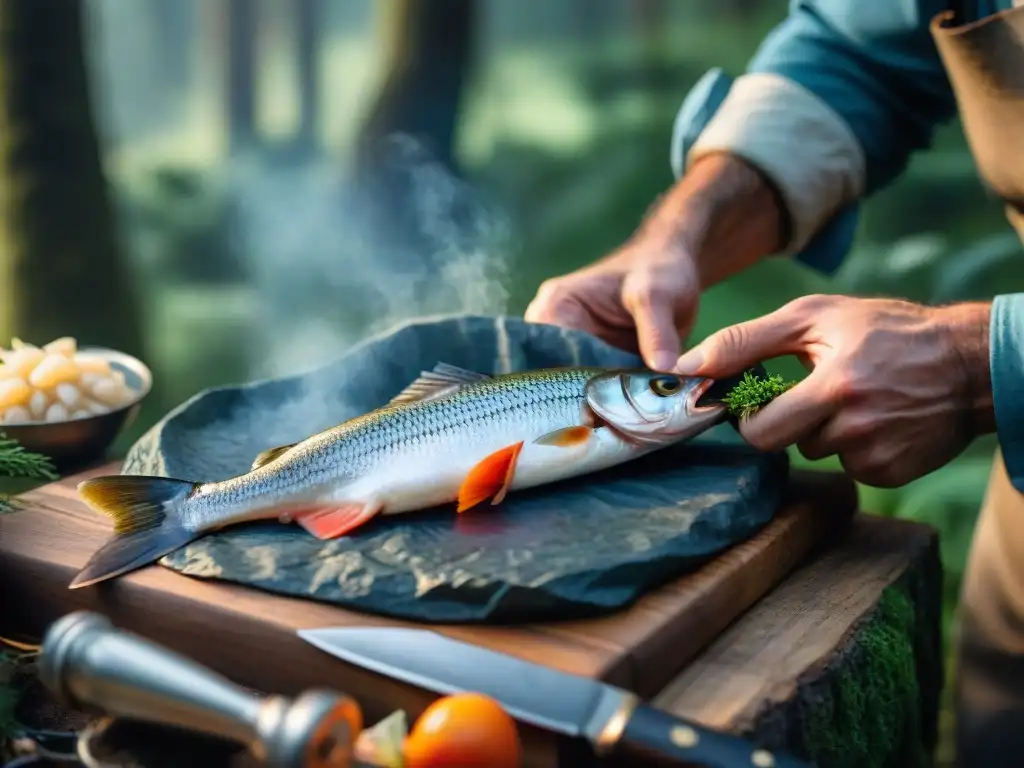 Experto en camping prepara pescado sin utensilios en la naturaleza