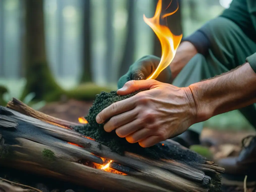 Un experto campista enciende fuego con determinación en un denso bosque