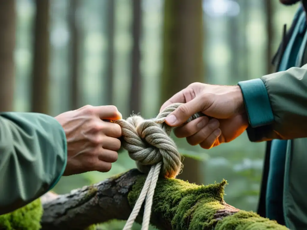 Hábil experto en nudos y amarres para camping, creando con destreza un nudo resistente en el bosque