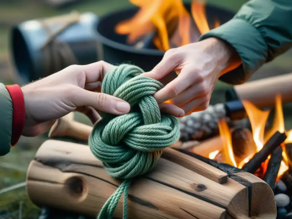 Un experto haciendo nudos y amarres para camping en un entorno natural y rústico