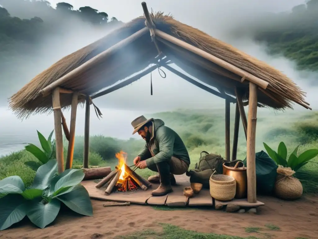 Experto construyendo refugio con materiales naturales en la naturaleza de Uruguay