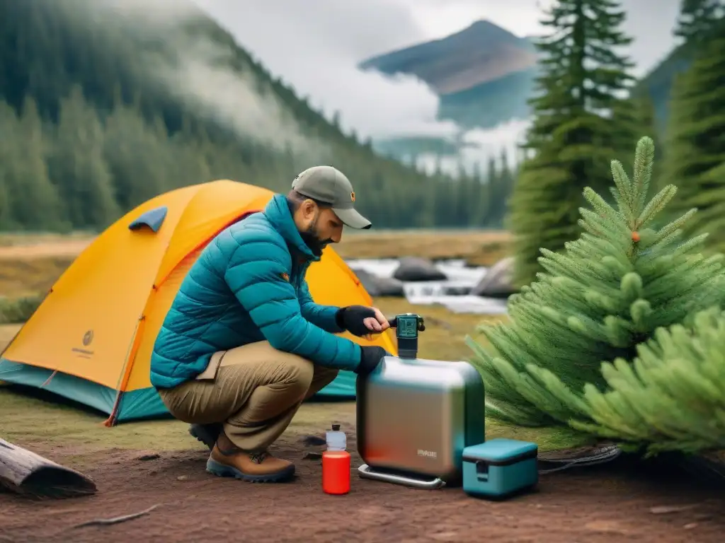 Experto en supervivencia montando purificador de agua en campamento entre pinos