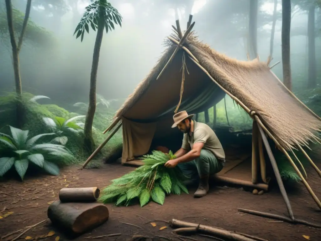 Experto en supervivencia construyendo refugio camuflado con materiales naturales en Uruguay