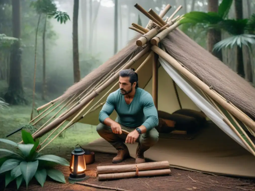 Un experto en supervivencia uruguayo demuestra técnicas avanzadas en la naturaleza de Uruguay, construyendo un refugio con materiales naturales