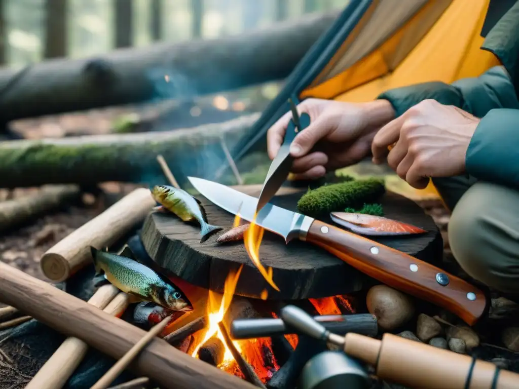 Un experto en bushcraft talla pescado fresco junto a fogata en bosque