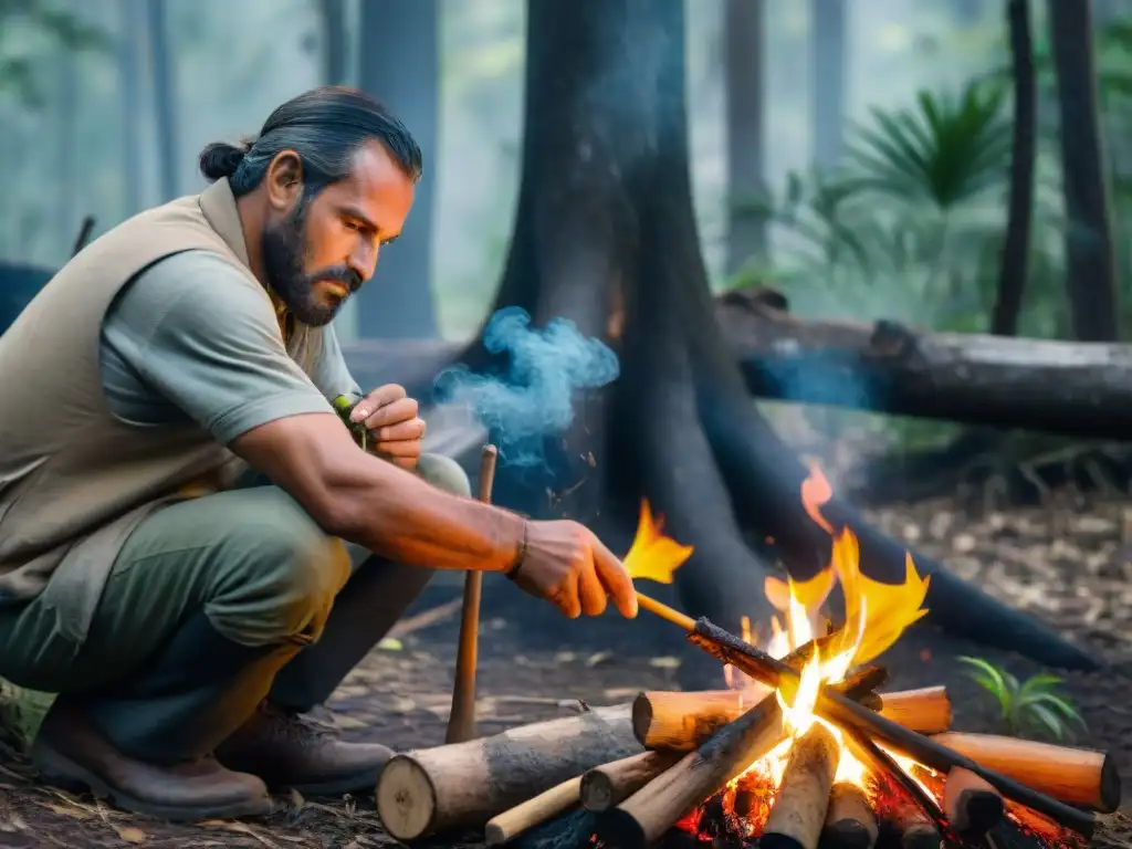 Un experto en técnicas de Bushcraft en Uruguay enciende fuego en el bosque