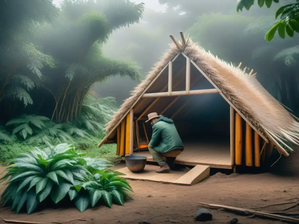 Un experto en técnicas de supervivencia en Uruguay construye un refugio camuflado con materiales naturales en un bosque exuberante